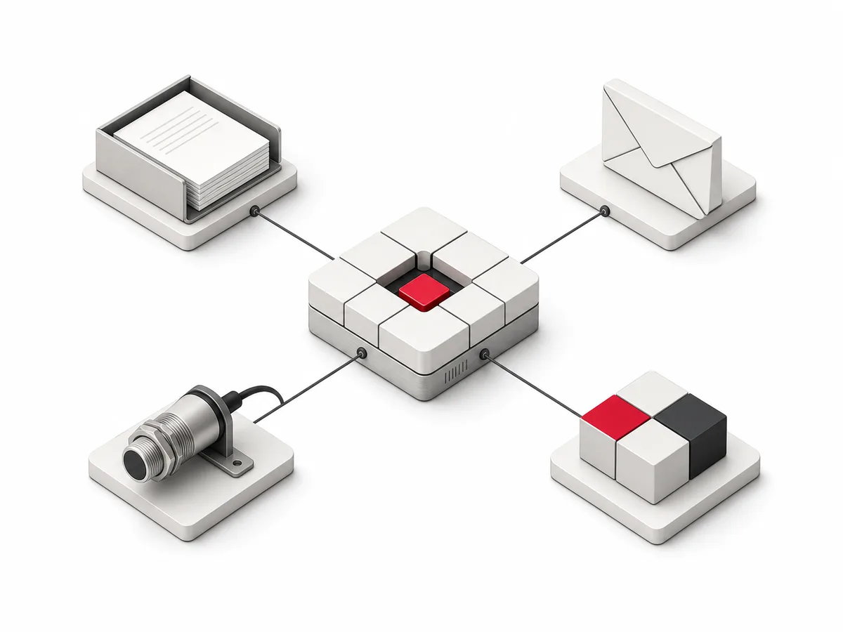 Illustration vernetzter Geräte, Dokumente und Anwendungen an einem zentralen System